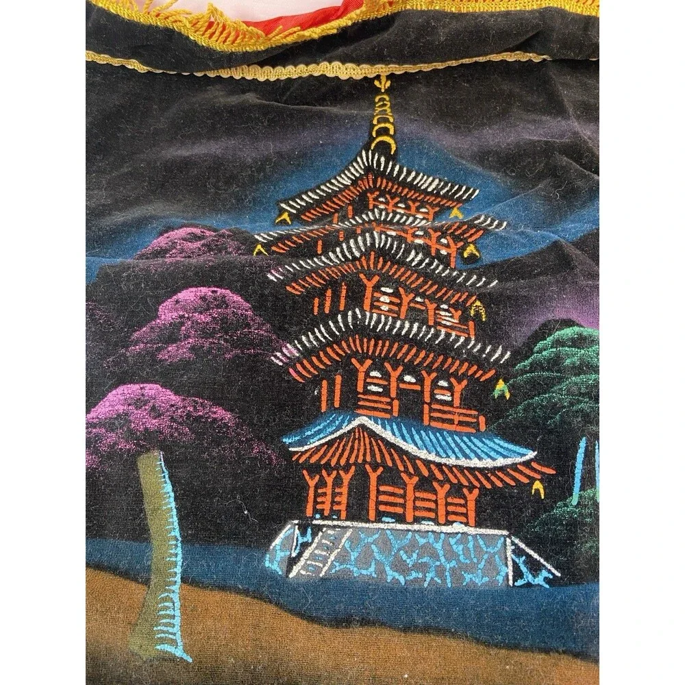 Vintage Asian Pagoda Velvet Silk Pillowcase Set Gold Fringe Oriental Decor -2